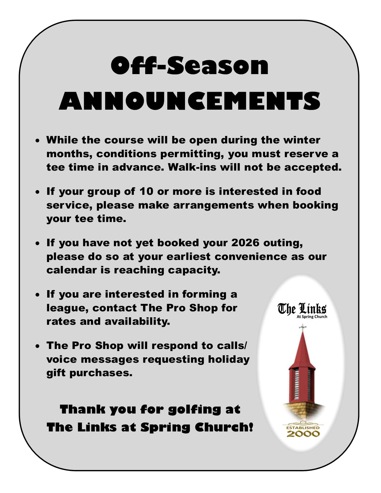 OFF SEASON ANNOUNCEMENTS